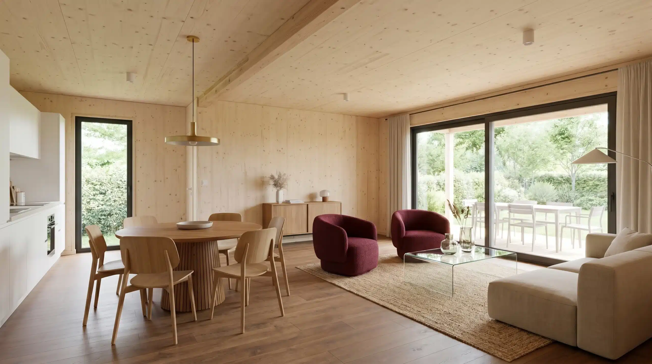 Séjour lumineux d'une maison ossature bois Greenkub, parement bois massif épicéa
