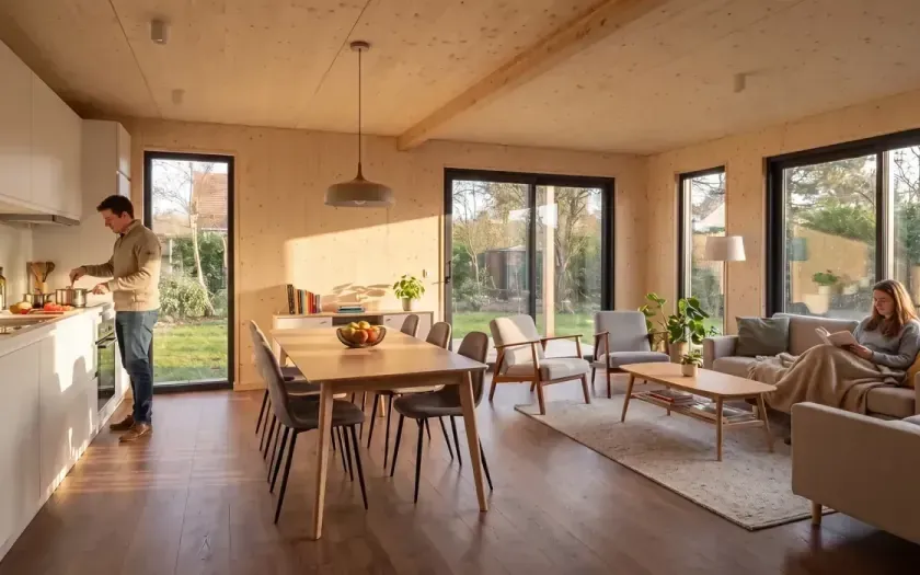 Intérieur lumineux d'une maison ossature bois Greenkub
