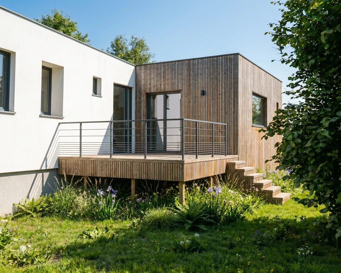 Extension de maison en ossature bois de 25 m² accolée à une maison individuelle, Morbihan