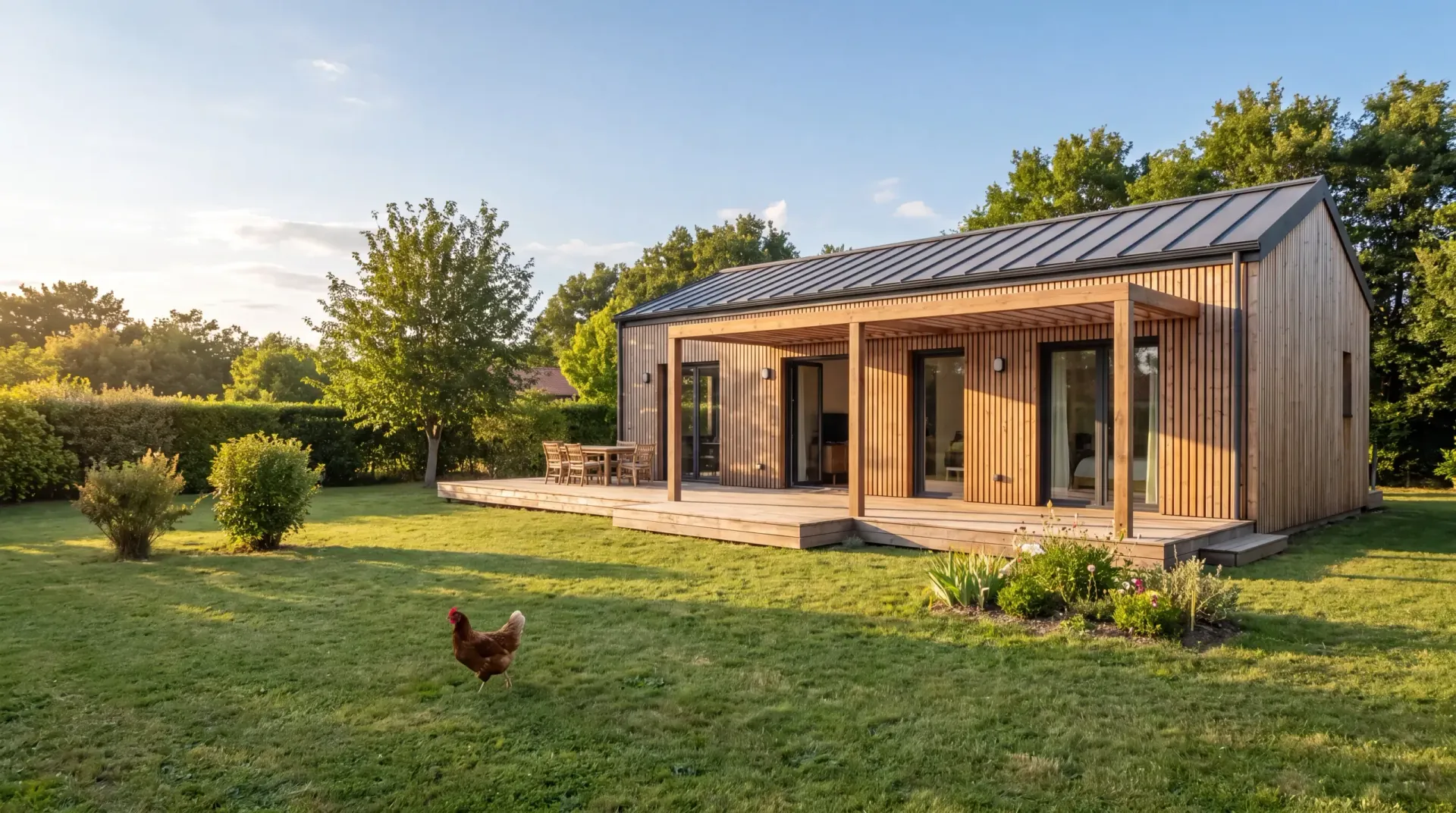 Maison ossature bois Greenkub et son jardin