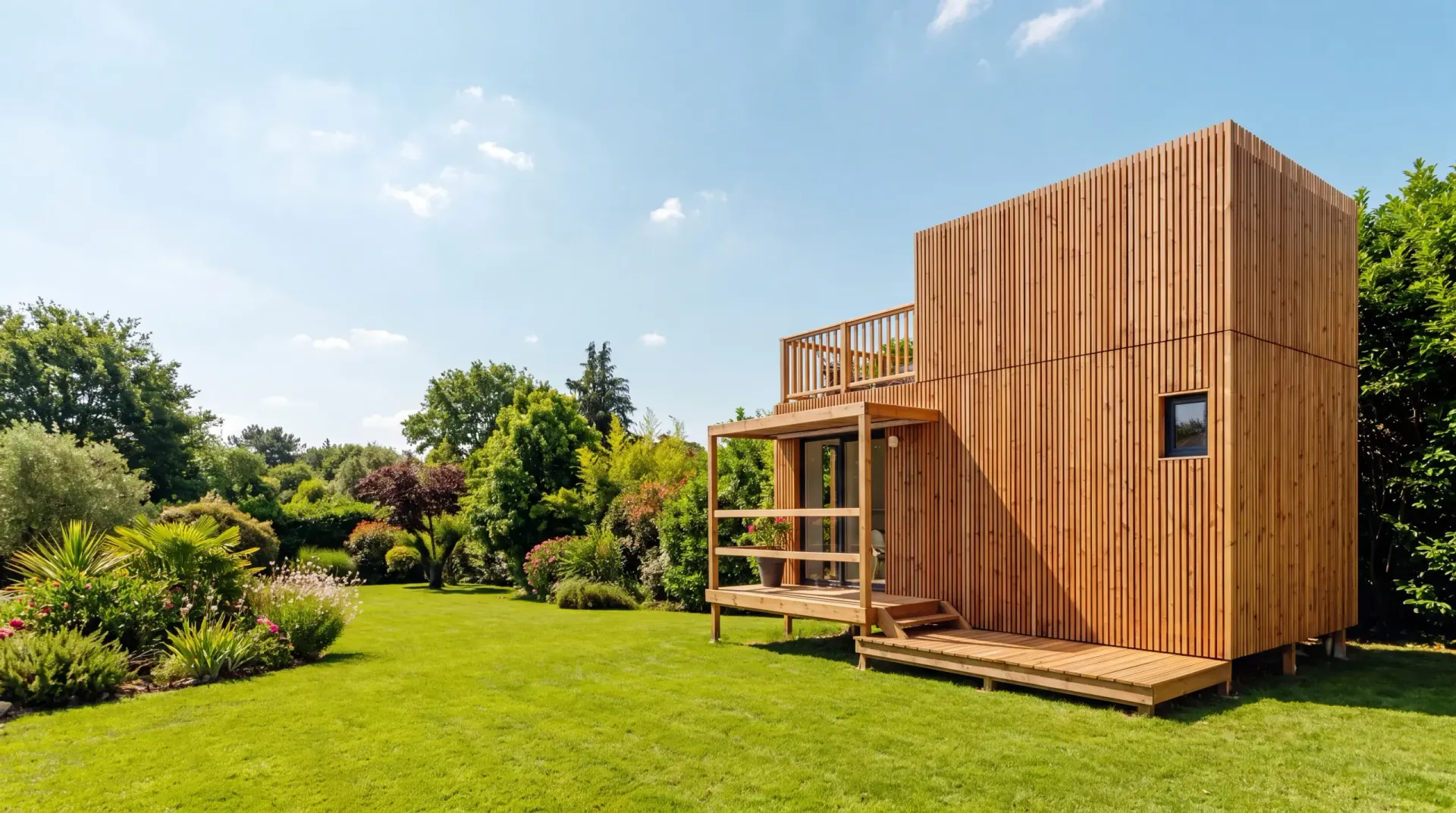 Studio de jardin Greenkub en ossature bois, terrasse et jardin