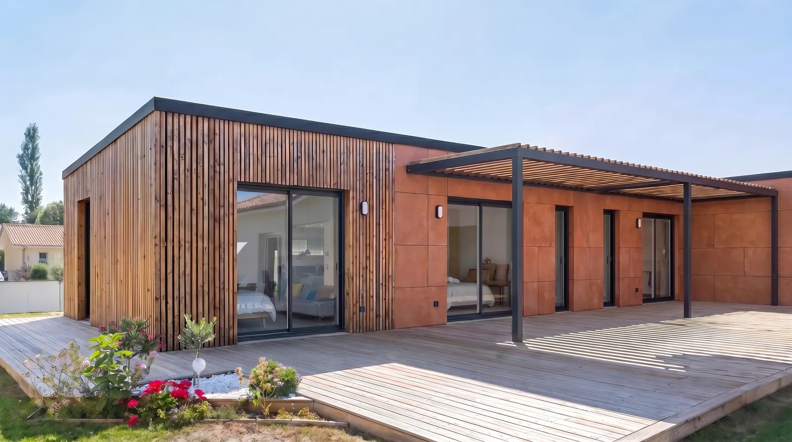 Maison en L Greenkub MI100L de 100 m², terrasse abritée par les deux ailes