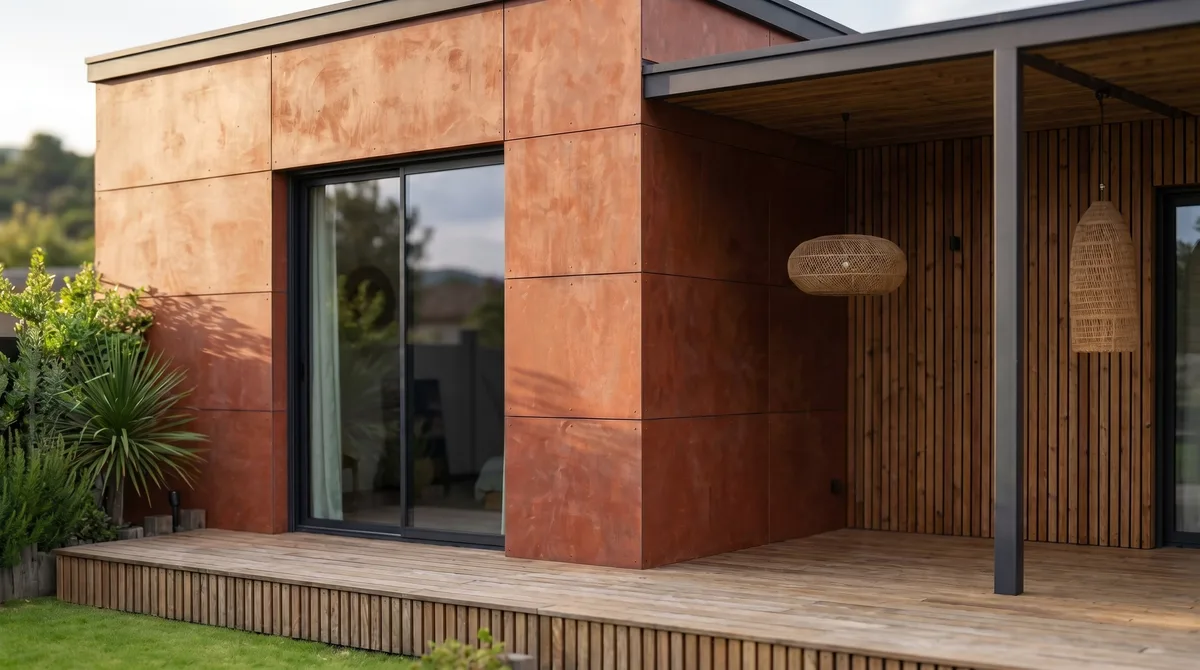 Façade d'une maison en bois Greenkub M60L : claire-voie verticale en pin Douglas et panneaux Viroc