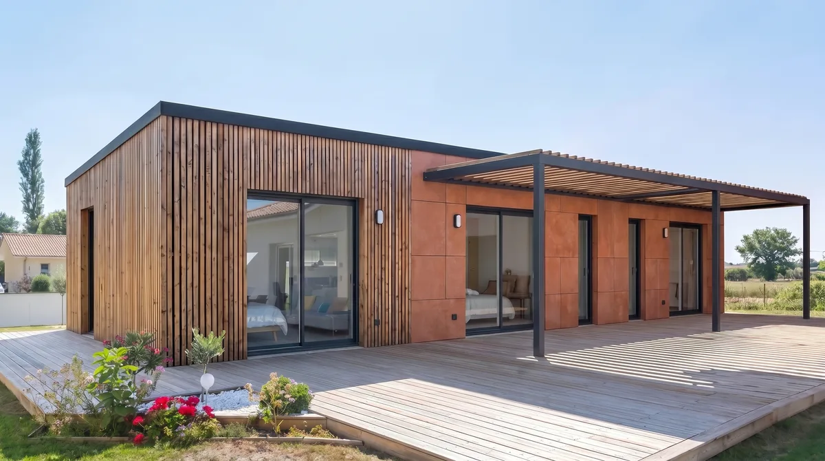 Maison en bois Greenkub M90R de 90 m² de plain-pied, terrasse bois et pergola