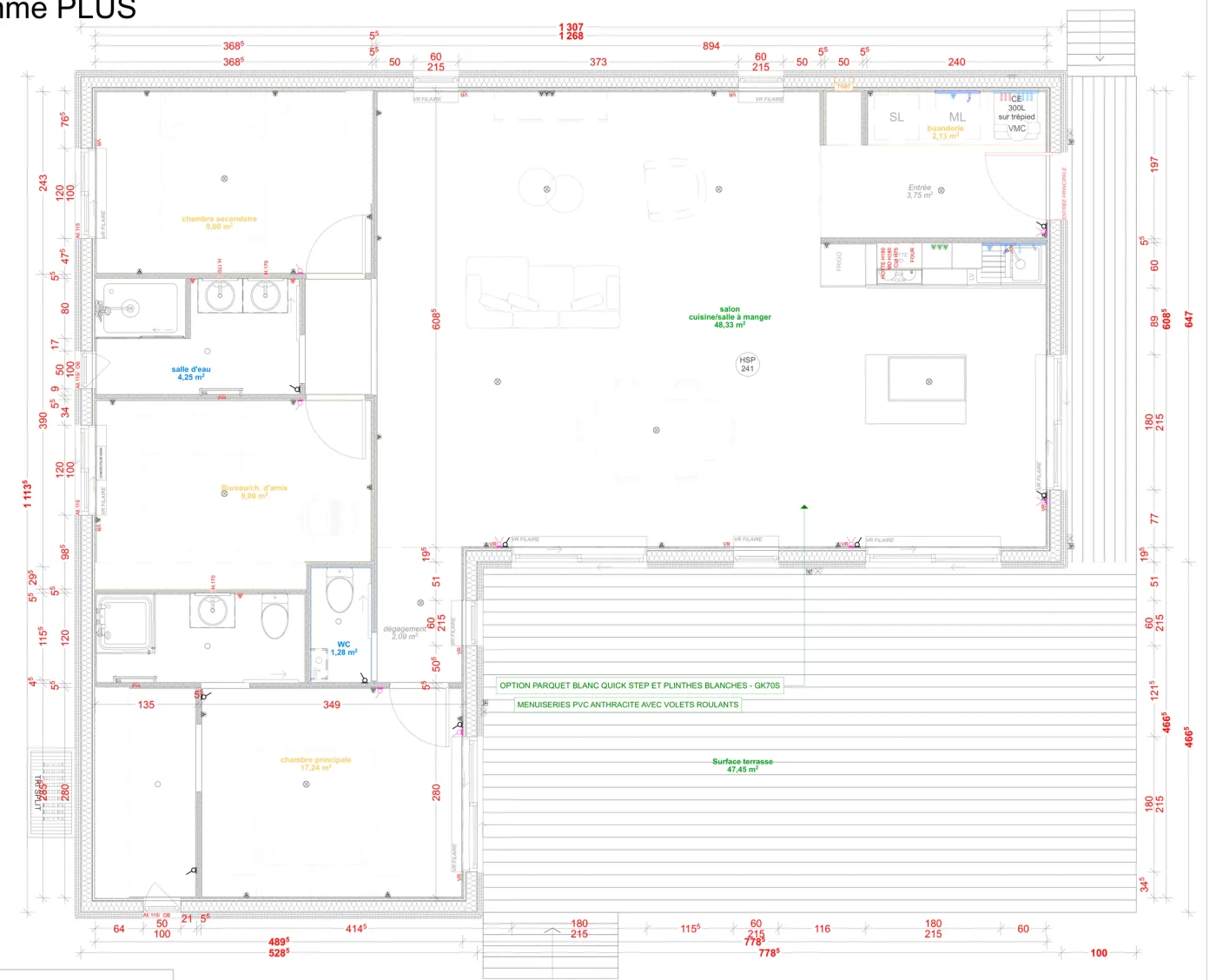 Plan coté de la maison M100L, 100 m² de plain-pied