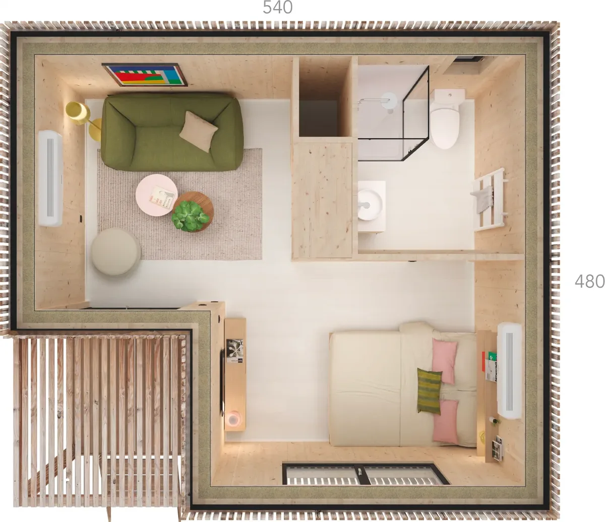 Vue axonométrique du studio Greenkub RAK20 montrant l'implantation des volumes